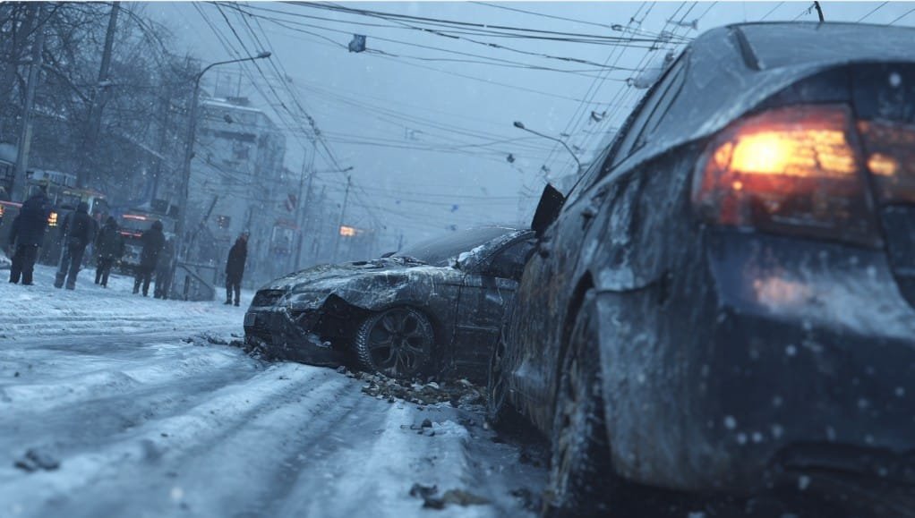Сильное ДТП на перекрёстке в зимнем городе, разбитые машины, снег, очевидцы