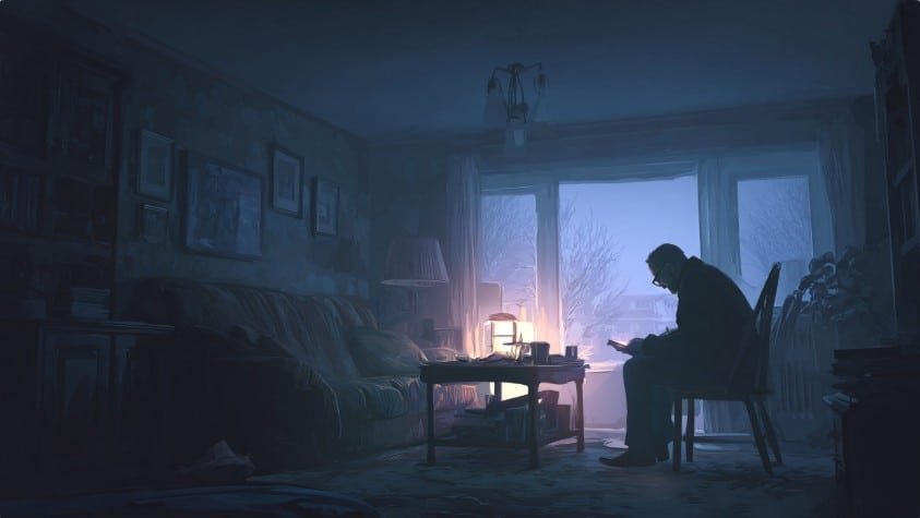 Человек в доме без света использует фонарик зимой