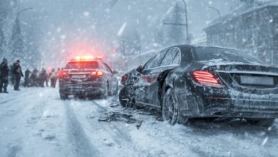 Две машины столкнулись на обледенелой улице, снегопад