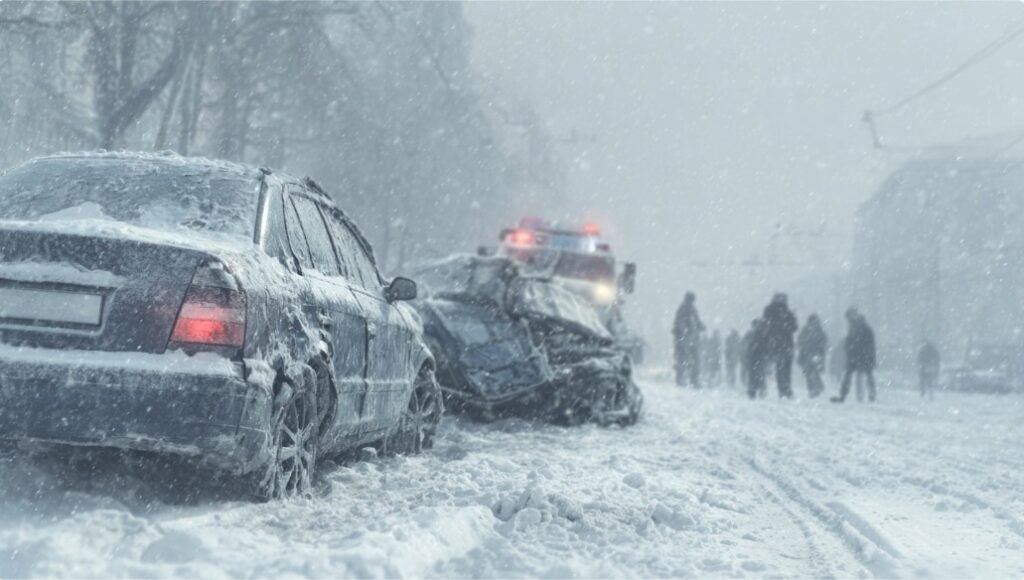 Зимняя авария на обледенелой дороге, машины повреждены, полиция и пешеходы на месте