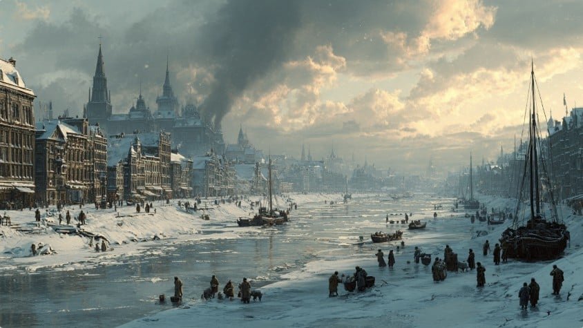 Древний европейский город и порт, окованные льдом