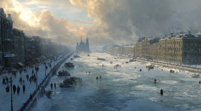 Замёрзшая река в историческом городе во время суровой зимы