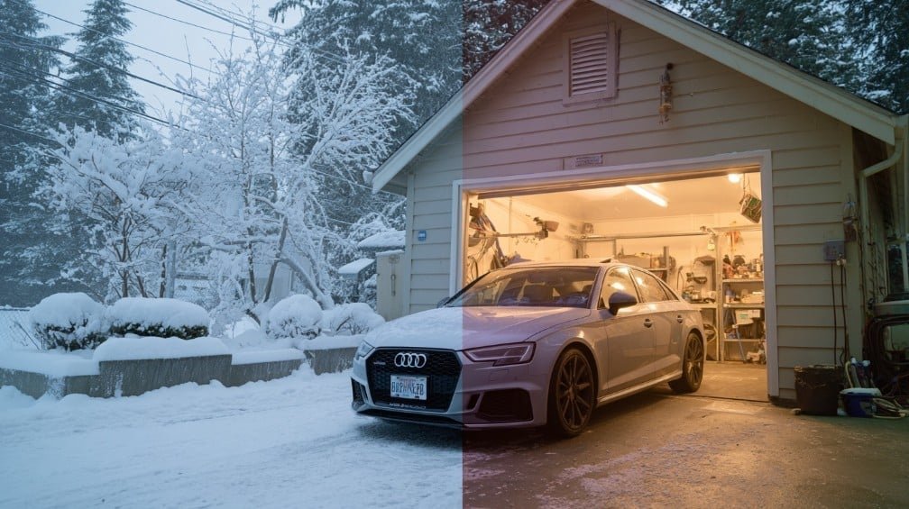 Сравнение: автомобиль на улице и в гараже зимой
