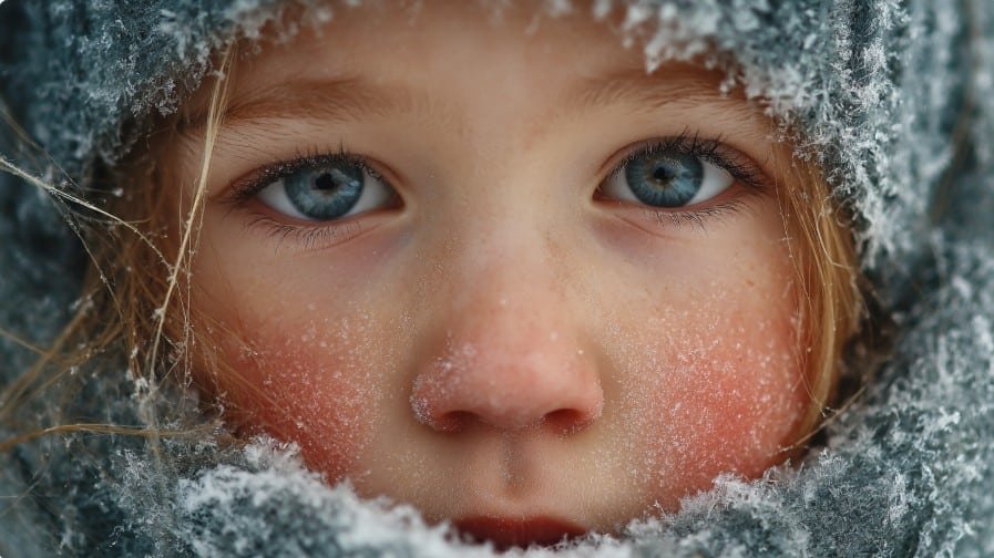 Лицо девочки с покрасневшими щеками и следами мороза