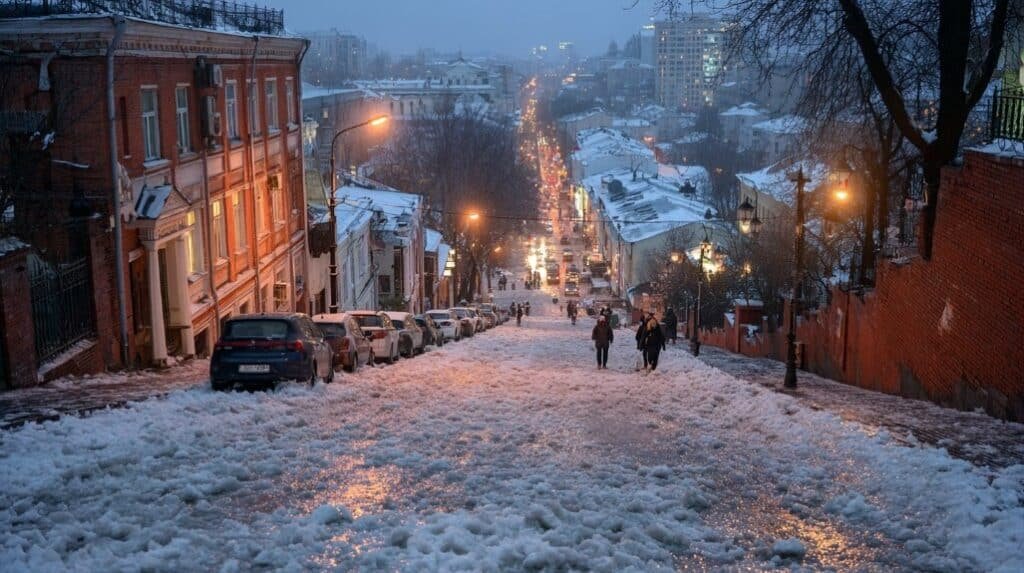 Скользкая улица на склоне зимой