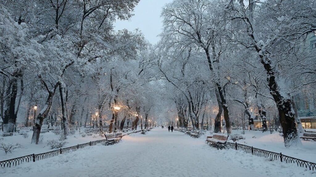Прогулка в парке после снегопада в Киеве