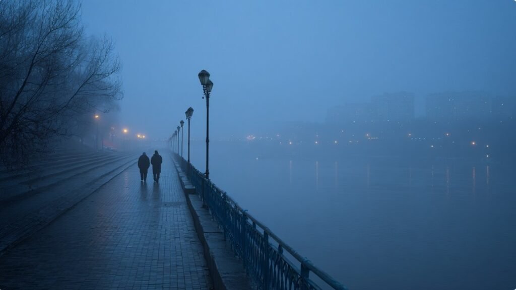 Туманная набережная Киева зимой