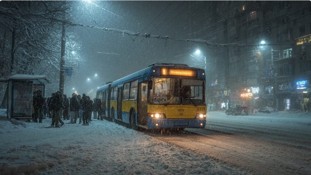Автобус подъезжает к остановке в снегопад в Киеве