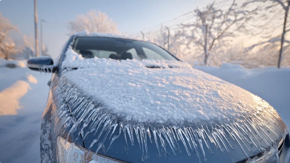 Лёд на капоте и багажнике автомобиля