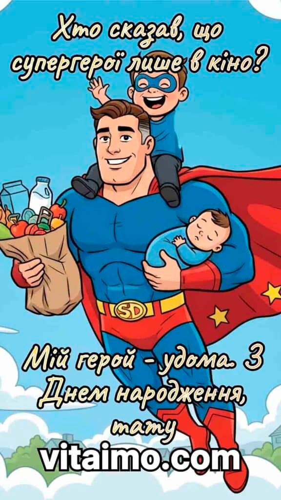 Кумедна листівка з днем народження для тата в стилі супергероя