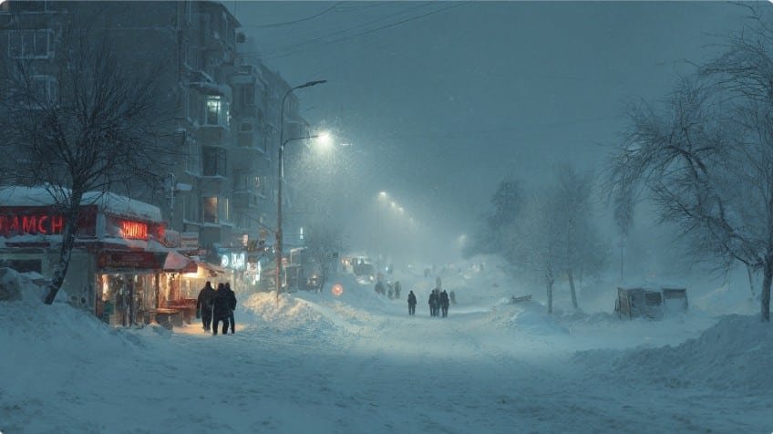 Сильная метель и мороз в жилом районе зимой