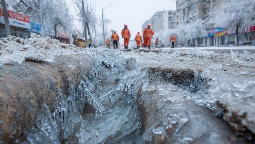 аварийные службы устраняют обледенение труб зимой