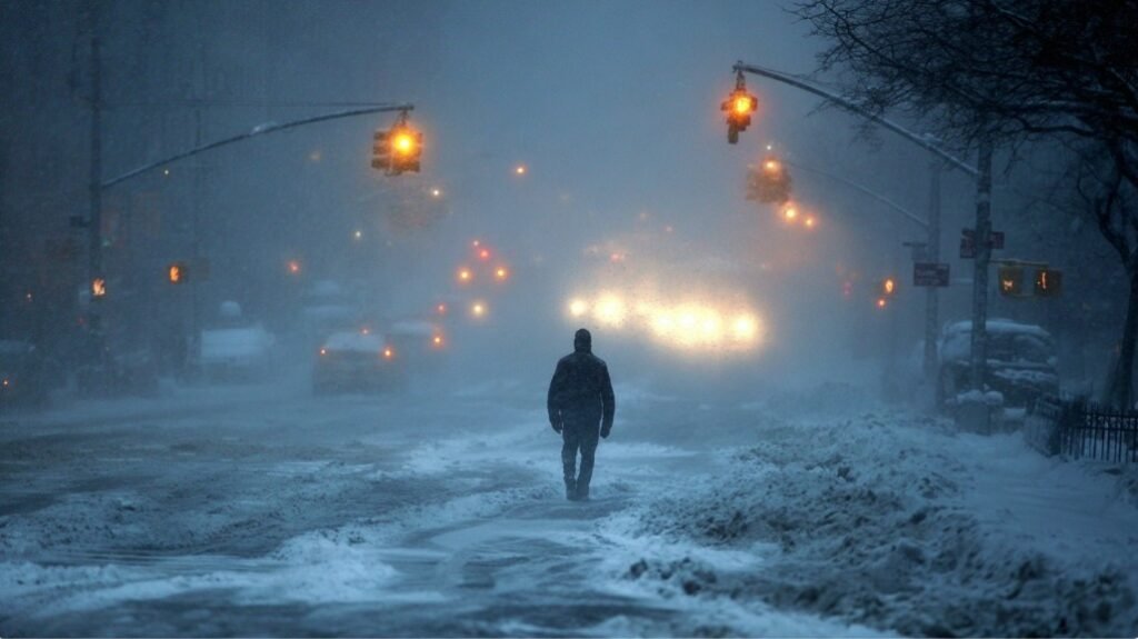 Человек идёт по пустой улице в сильную метель, навстречу фарам автомобилей