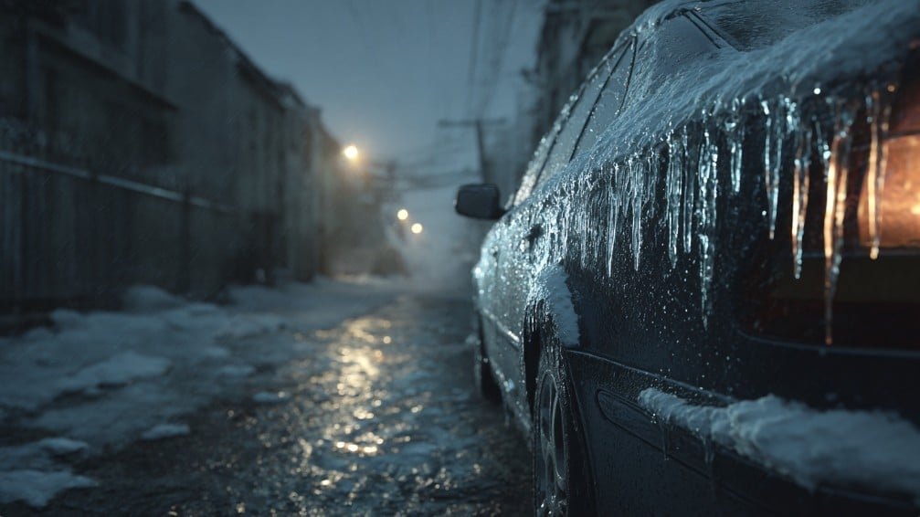 Машина подтаивает днём, а ночью снова покрывается льдом