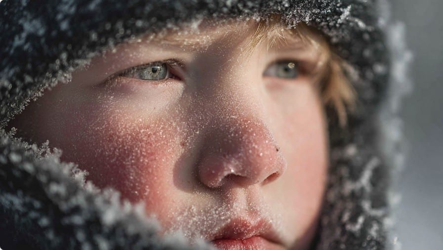 Покрасневшее от мороза лицо ребёнка в тёплой одежде