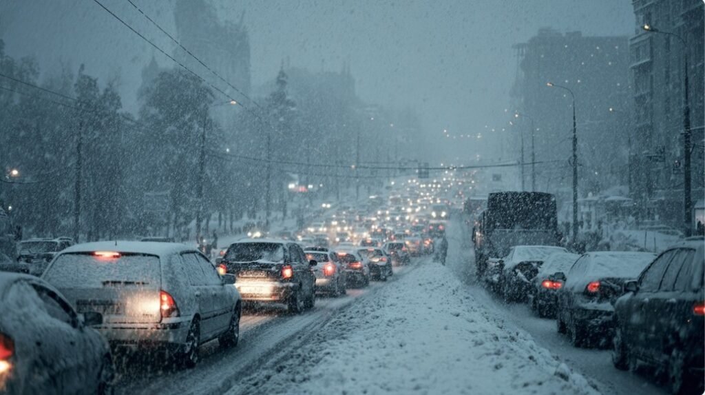 Автомобили стоят в пробке после сильного снегопада