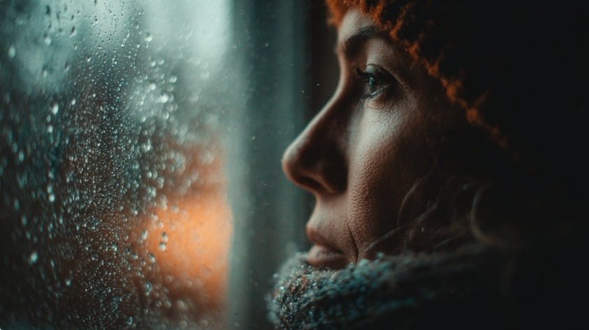 Человек у окна в морозную погоду испытывает стресс