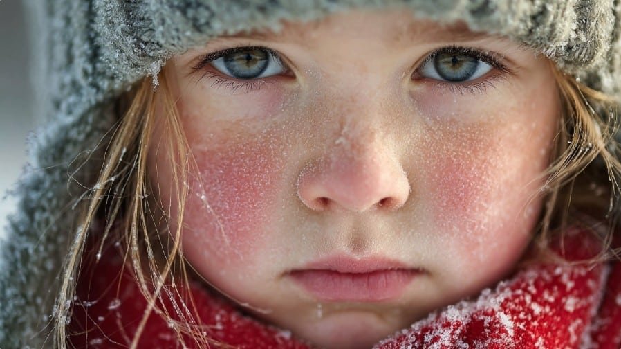 Девочка с обветренным лицом в морозную погоду