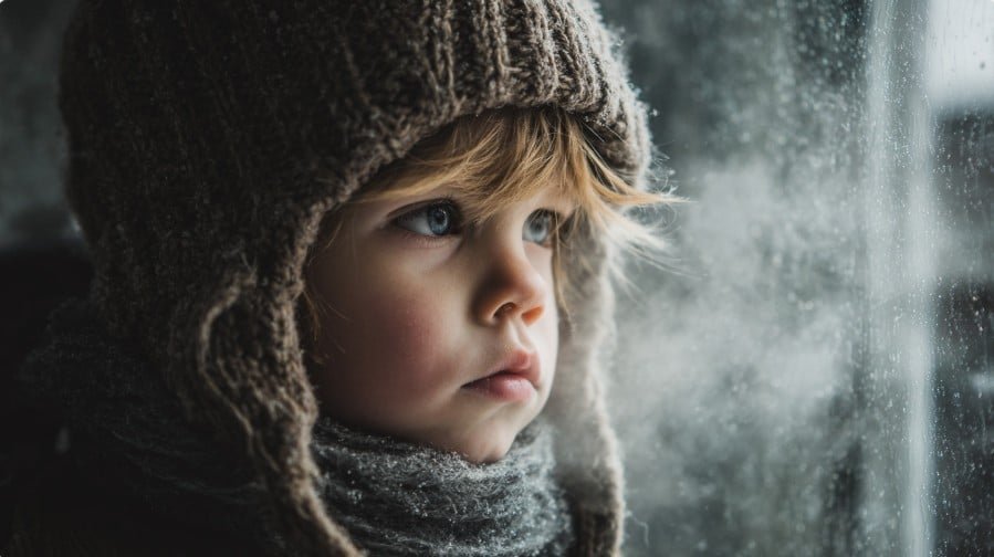 Лицо ребёнка за замёрзшим окном зимой