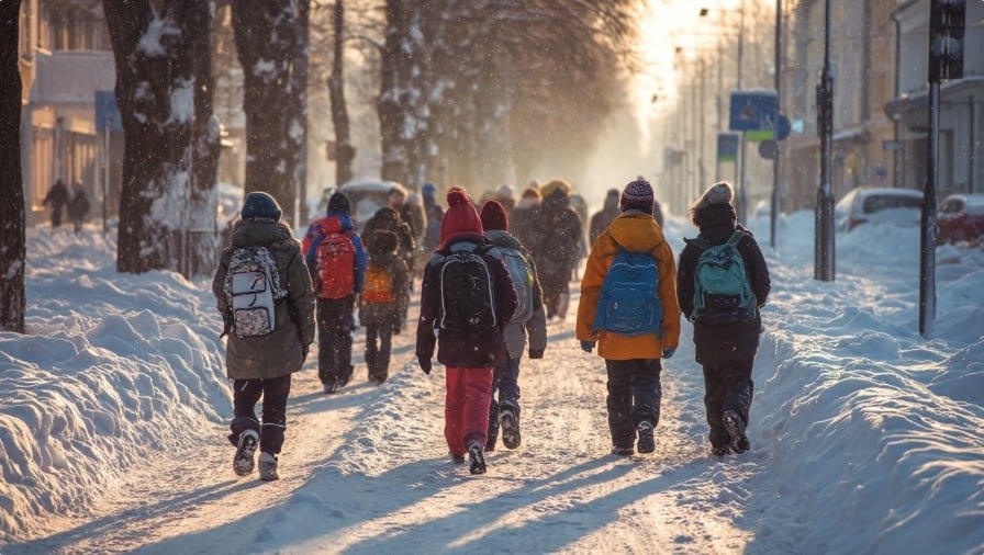 Дети идут в школу по снегу в зимнюю погоду