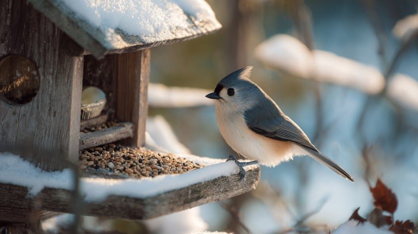 зимующая птица возле кормушки в саду
