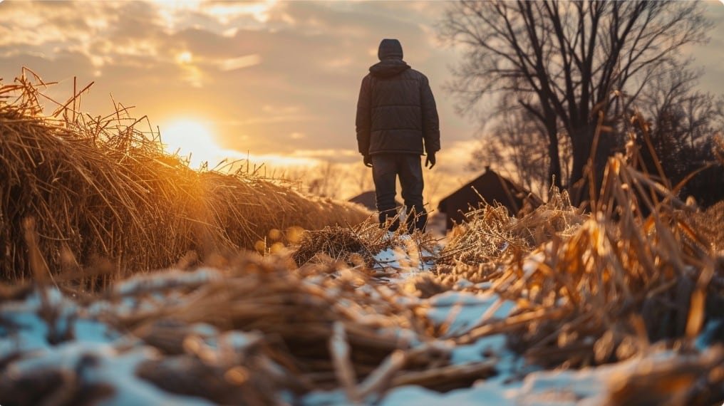 Фермер укрывает грядки соломой