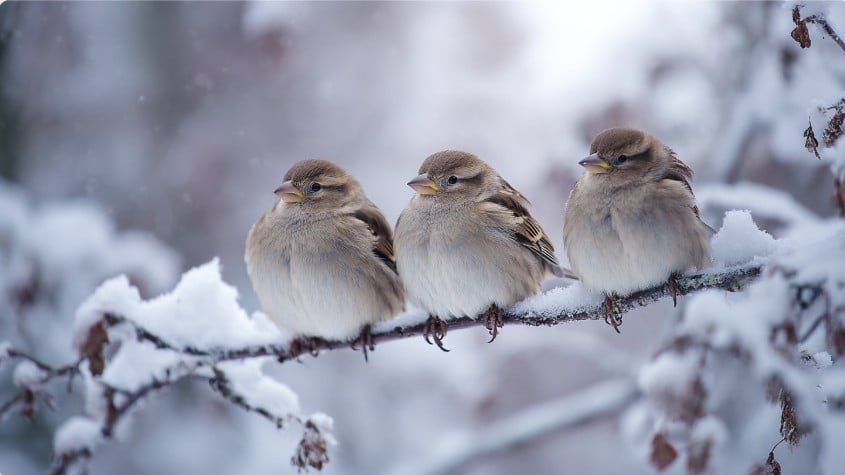 воробьи в зимнем лесу на ветке