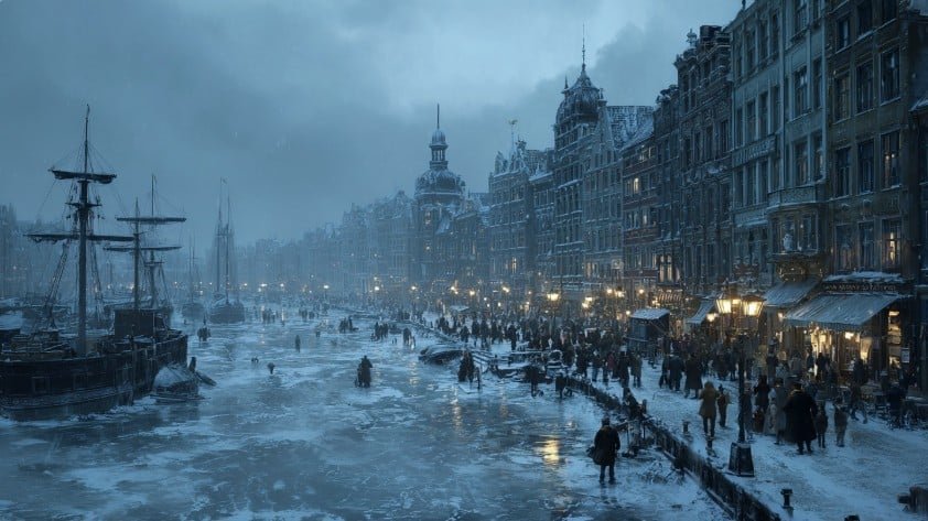 Ледяная набережная и жители города в морозный вечер