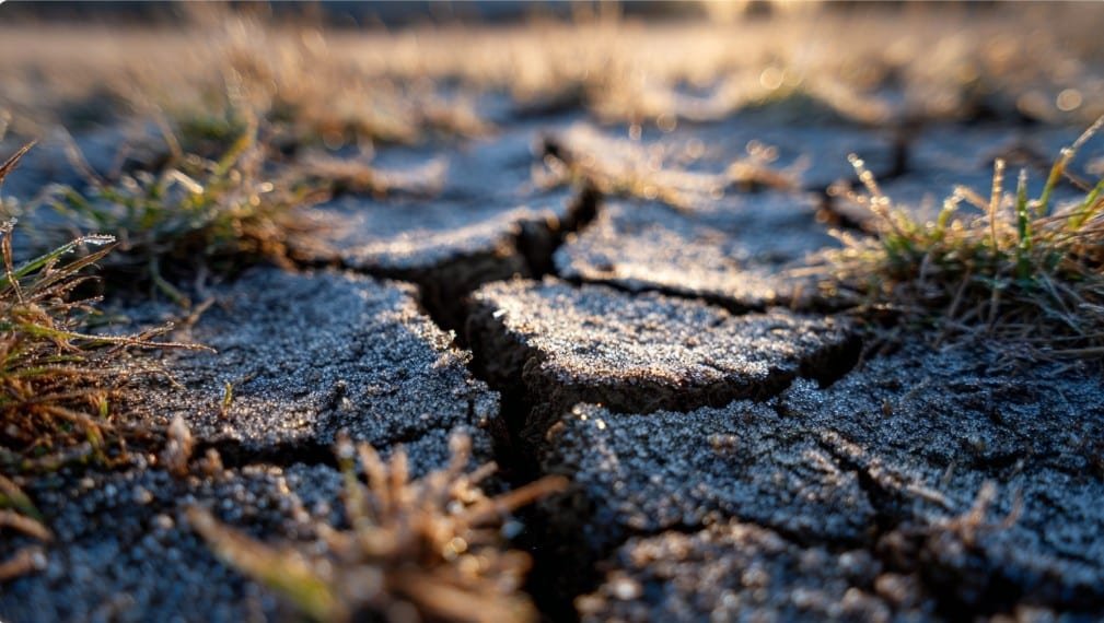 Замёрзшие растения на растрескавшейся почве