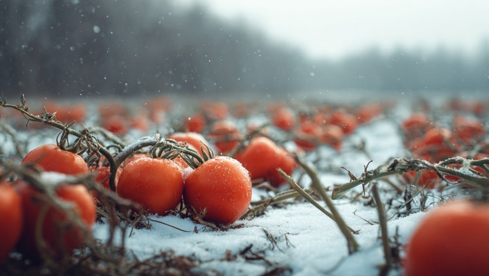 Помидоры, повреждённые морозом, лежат на заснеженном поле