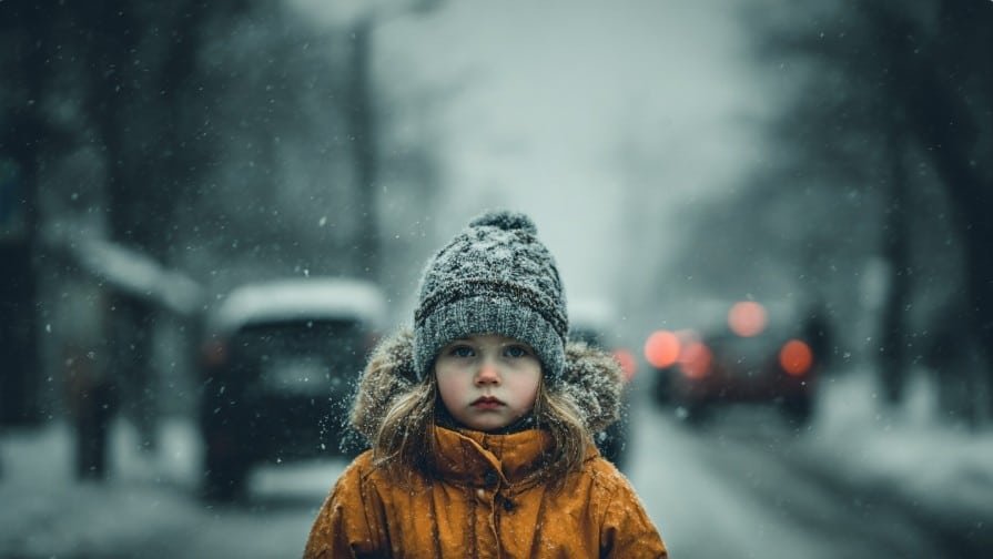 Девочка в зимней одежде на заснеженной улице города