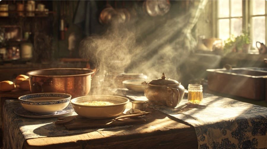 Тёплый завтрак зимой: каша, чай и мёд на столе