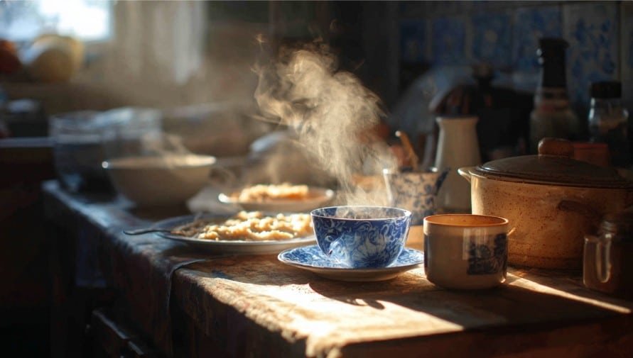 Тёплая еда и чай на столе зимой