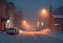 морозный зимний город вечером со снегом