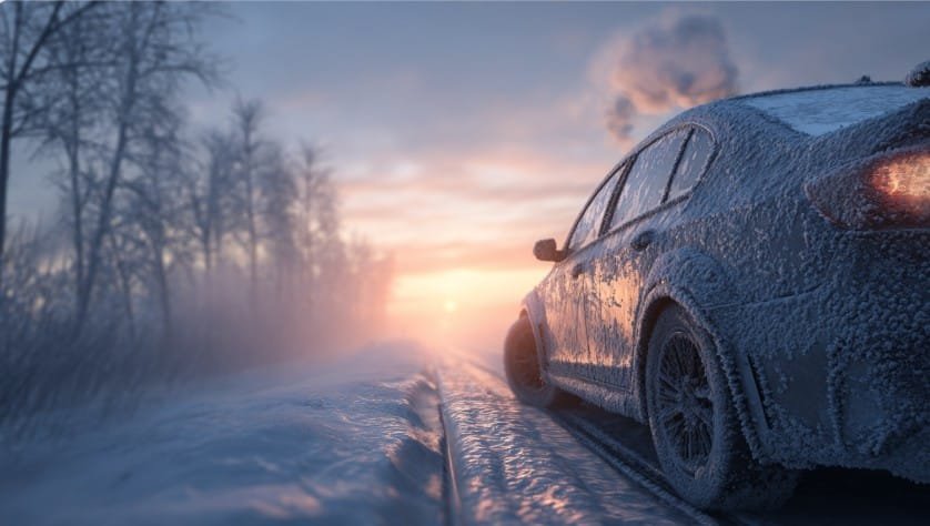 машина на скользкой зимней дороге на рассвете