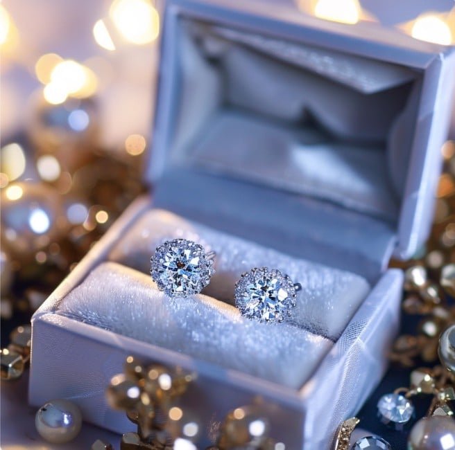 Діамантові сережки в подарунковій коробочці для жінки