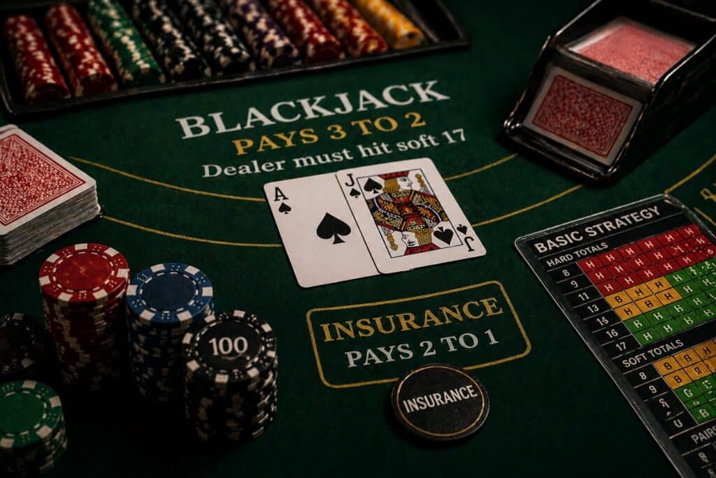 Блекджек стіл з тузом і валетом та позначкою insurance — приклад ставки страхування проти дилера