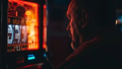 Чоловік сидить перед слот-машиною в темному казино, що символізує втрату грошей і перевагу казино