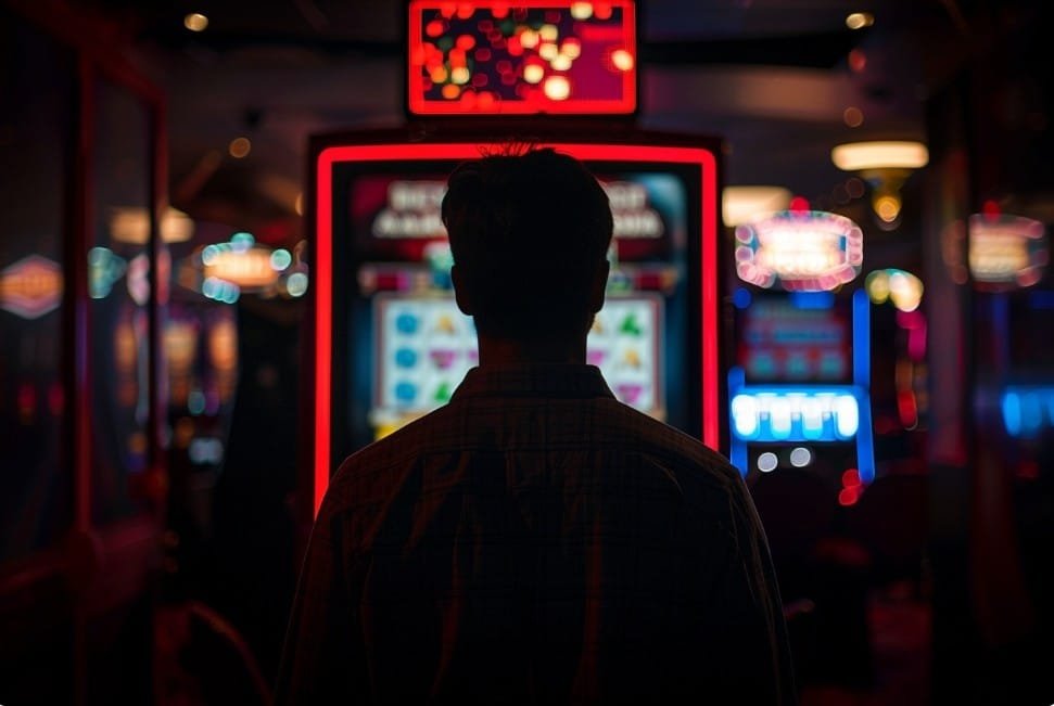 Людина дивиться на екран казино в темній кімнаті, відображення світла в очах