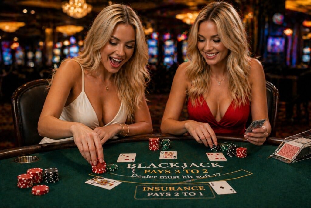 Дві молоді жінки грають у блекджек у казино — азарт, ставки та емоції за ігровим столом