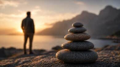 баланс каміння на природі з людиною на фоні як символ гармонійного дипломата і внутрішнього балансу