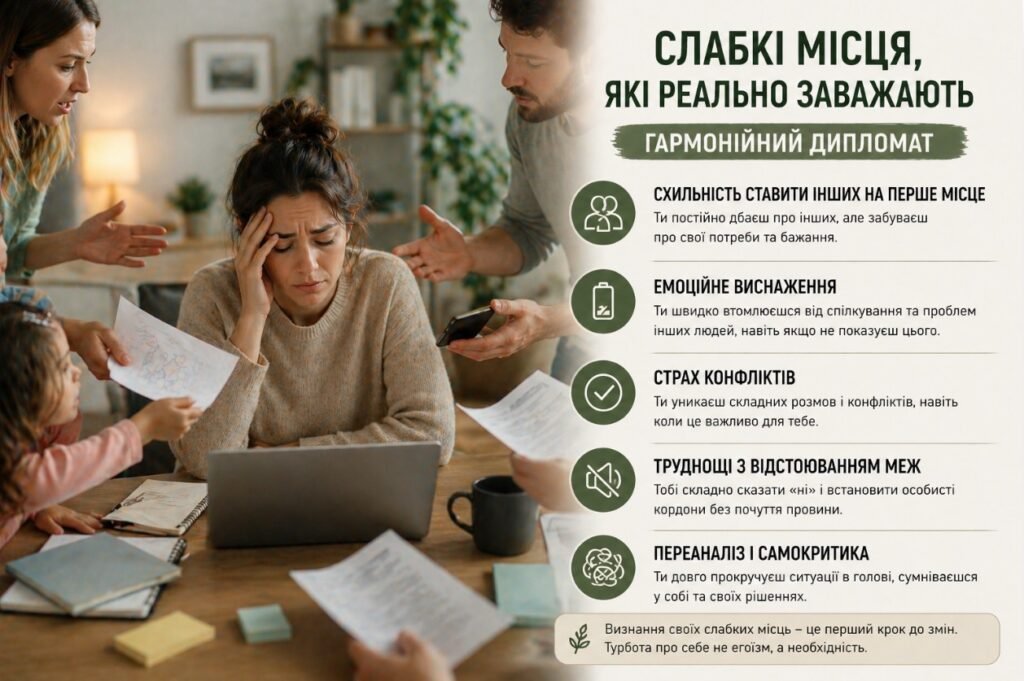 Слабкі місця гармонійного дипломата — емоційне виснаження, стрес і складність відстоювати свої межі