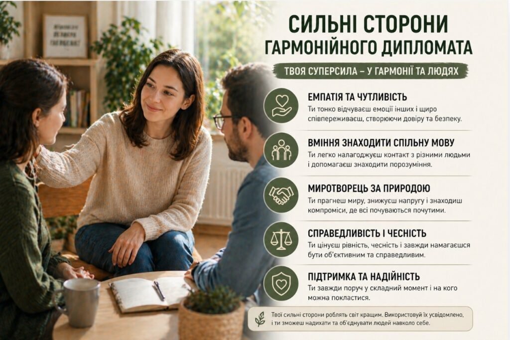 Сильні сторони гармонійного дипломата — емпатія, підтримка і вміння знаходити спільну мову з людьми