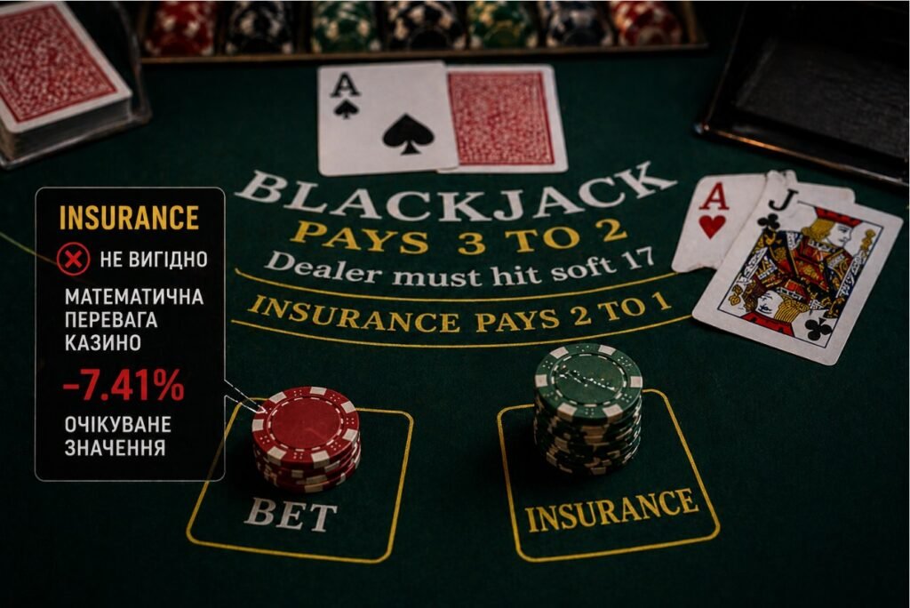 Страхування блекджеку не вигідне: ставка insurance з негативним очікуваним значенням та перевагою казино