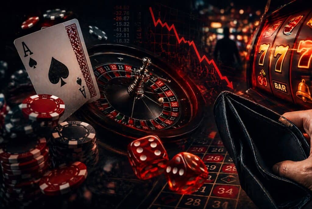 Колаж азартних ігор: карти, рулетка, фішки та порожній гаманець як символ фінансових втрат у казино