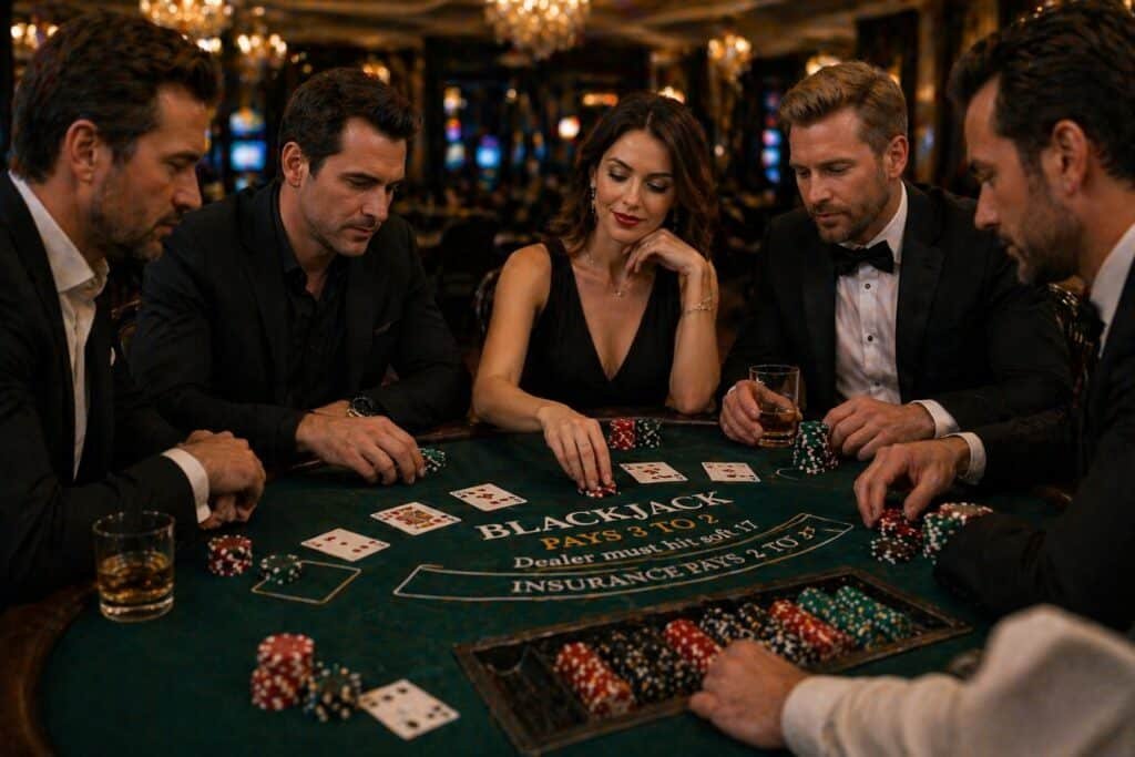 Компанія добре одягнених людей грає в блекджек у казино — ставки, ризик і соціальний вплив на рішення