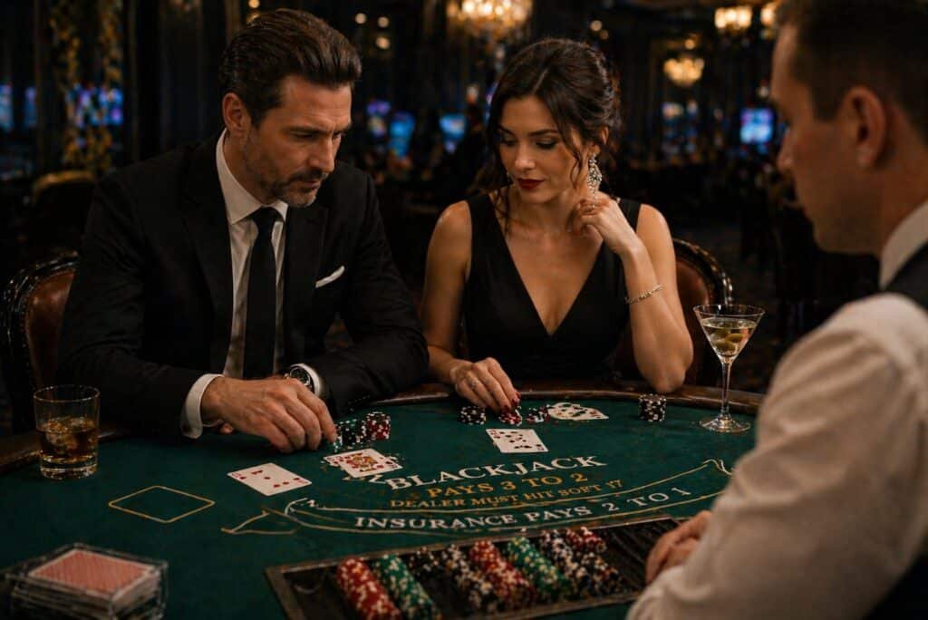 Солідна пара грає в блекджек у казино — приклад азартної гри та маніпуляцій, які призводять до втрат
