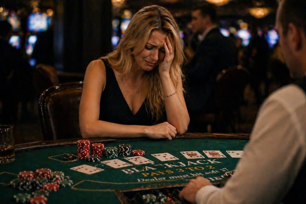 Жінка засмучена після програшу в блекджек у казино — емоції та фінансові ризики азартних ігор