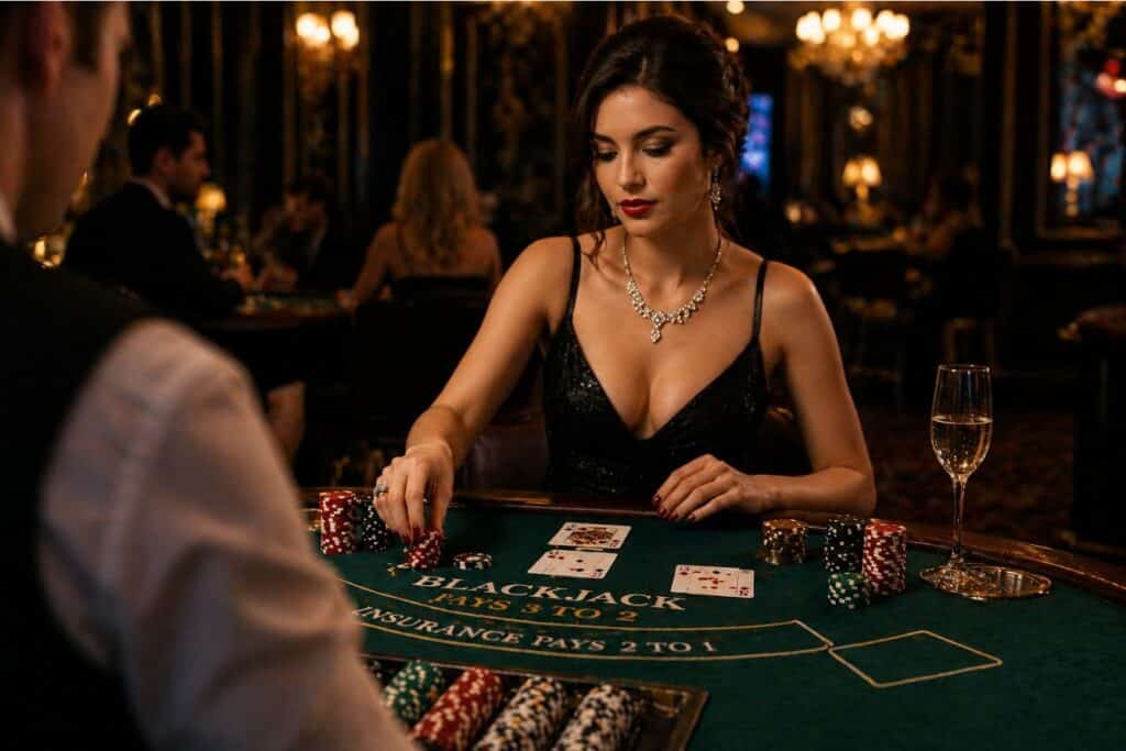 Жінка грає в блекджек у казино — ілюзія контролю та азарту під час ставок