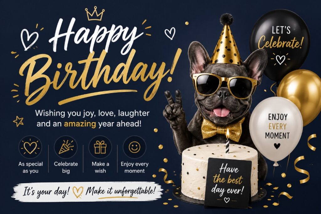 Funny stylish happy birthday card with dog in sunglasses, cake, balloons and gold confetti